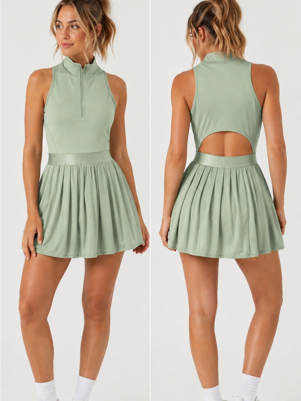 QINSEN Sage Green Tennis Dress Women’s Sleeveless Pleated Athletic Dress NWT